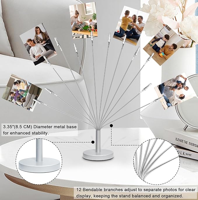 Silver Photo Tree Holder with Metal Base,12 Clips Flexible & Durable Branches Money Trees Gift Card Holder with Clips,Picture Trees to Hold Photos for Christmas Wedding Greeting Birthday Party Gift