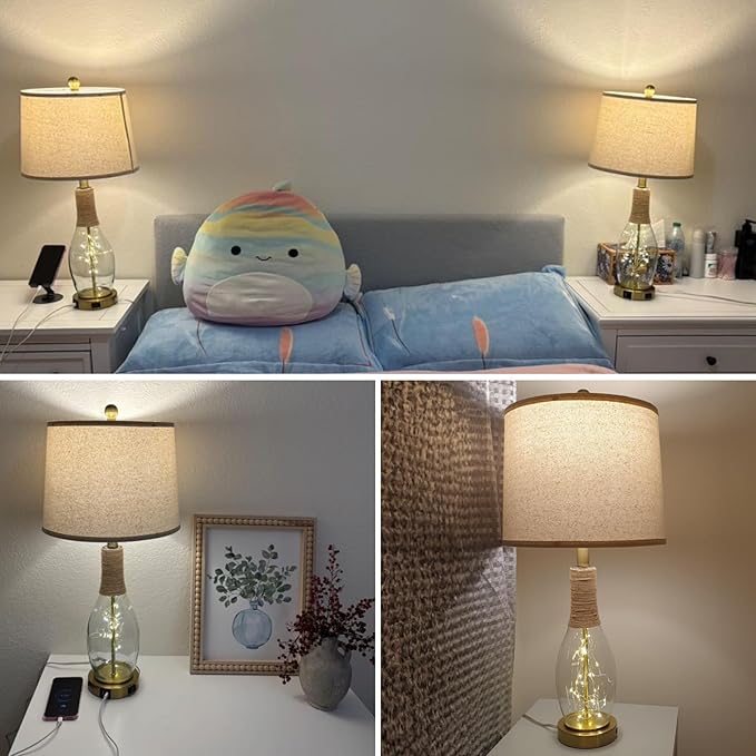 28" Boho Table Lamps Set of 2, Coastal Glass Lamps with USB A+C Ports and Outlet, Nautical Beach Bedside Lamp for Living Room Bedroom Night Stands(2 LED Bulbs Included), Gold