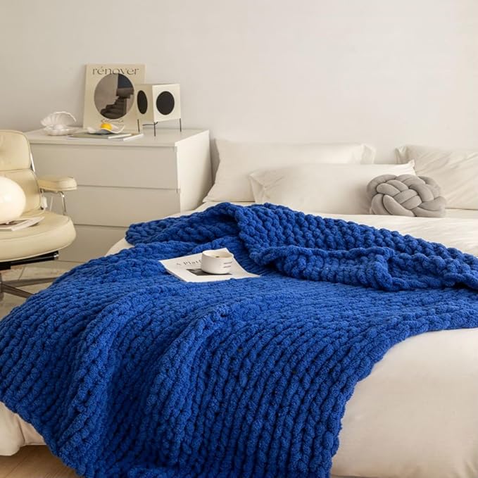 Chunky Knit Blanket Throw 48"x71", Chenille Throw Blankets, Handmade Warm & Cozy Blanket Couch Bed Home Decor, Soft Breathable Fleece Banket, Christmas for Couch Bed Sofa Best Gift (Navy Blue)