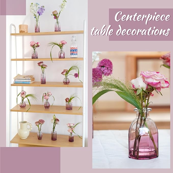 Bud Vases 24 in Bulk, Small Purple Vase Glass Vases for Flowers Vintage Ribbed Colored Wedding Flower Vase for Decor in Bulk Decor Bridal Shower Centerpieces Home Table Decoration