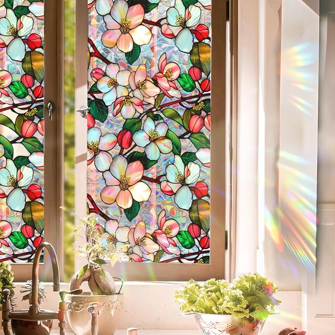 Window Film, Decorative Colorful Flower Stained Static Glass Window Clings Stickers for Home Office Living Room Bedroom Glass Windows Door Decor 16.93 x 39.37 Inches
