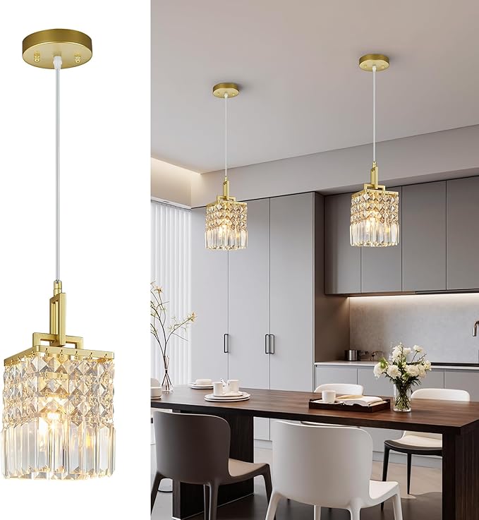 Modern Crystal Pendant Light Kitchen Island Farmhouse Lamp Adjustable Height Hanging Lighting Square Gold Chandelier Suitable for Kitchen Island Dining Room and Bedroom(2Pack)