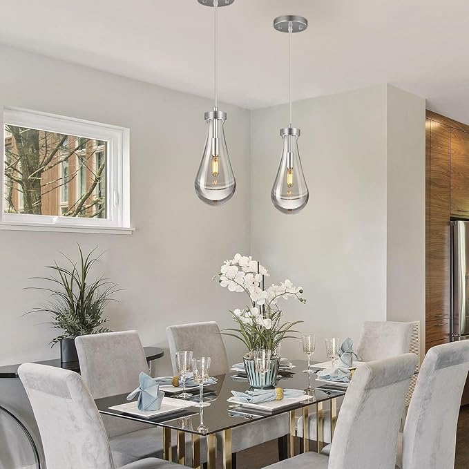 Raindrop Pendant Lights Kitchen Island Set of 2 Teardrop Chrome Hanging Light Fixtures Clear Solid Glass Pendant Light Modern Chandeliers for Dining Room Porch Corridor Living Room