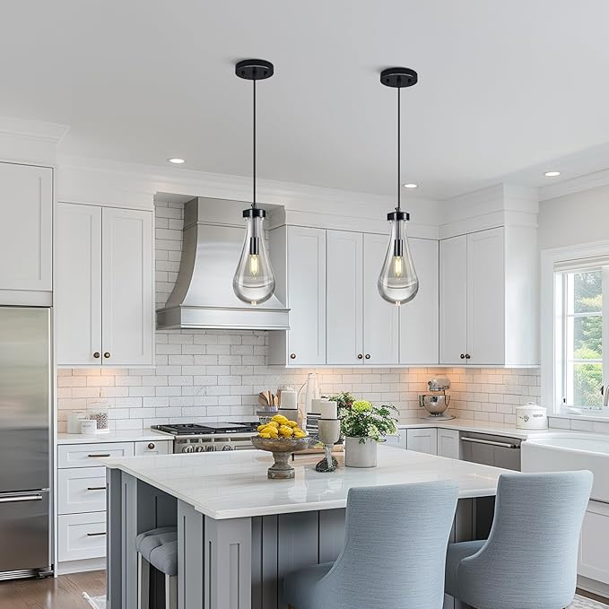 Raindrop Pendant Lights Kitchen Island Teardrop PlatingBlack Hanging Light Fixtures Clear Solid Glass Pendant Light Modern Chandeliers for Dining Room Porch Corridor Living Room(Black 3-Pack)