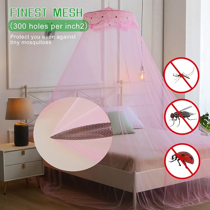 VISATOR Mosquito Net Bed Canopy for Girls,King Canopy Bed Curtains Queen Size from Ceiling,Dome Mosquito Netting Bed Tent Twin Girls Canopy Bed Decor for Baby Crib,Kid Bed and Adult Beds (Pink-Dome)