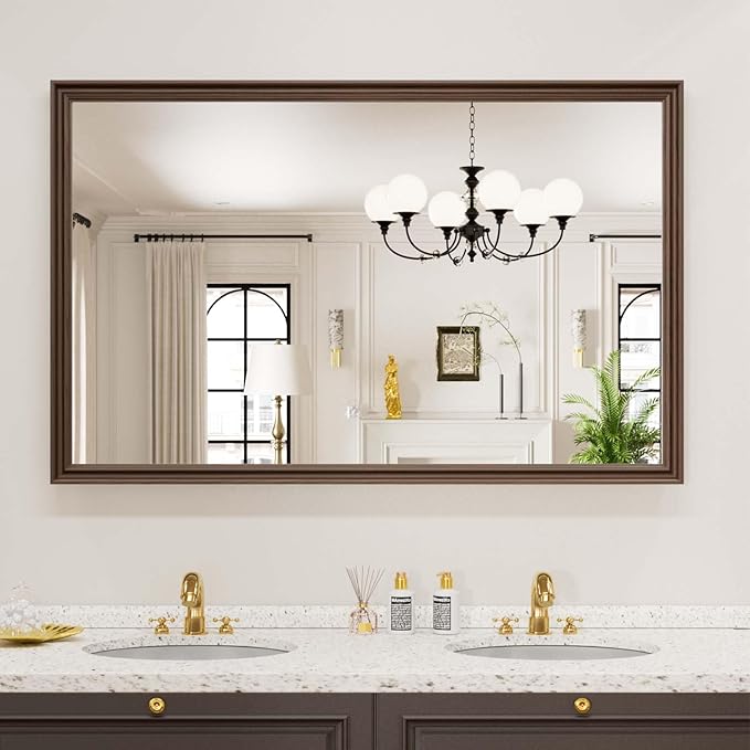 WEER Retro Copper Bathroom Mirror, 48x30 Inch Bronze Oil Rubbed Framed Mirror, Rectangle Classic Vintage Framed Wall Mirror, Farmhouse Vanity Mirror, Tempered Glass, Vertically or Horizontally