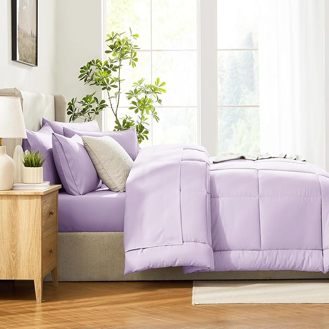 CozyLux Full Size Comforter Sets Lavender, 7 Pieces Bed in a Bag, Light Purple Comforter Full Size, All Season Bedding Sets with Stitch Quilted Comforter, Flat Sheet, Fitted Sheet, Pillowcases