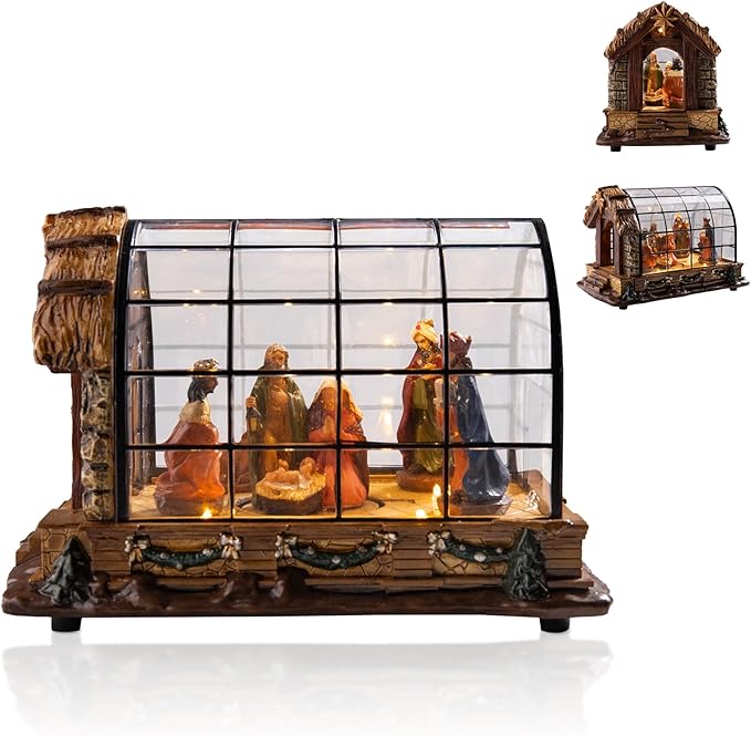 VCUTEKA Christmas Village Collectible Building, Animated Christmas Village Greenhouse Musical Village Perfect Addition to Your Xmas Indoor Decorations or Holiday Displays, Brown