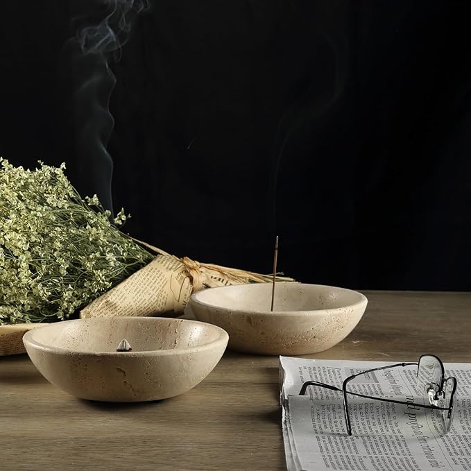Koville Italian Travertine Incense Holder, 6" Incense Holders for Sticks, Sturdy Incense Burner Ash Catcher, Ideal for Meditation, Relaxing, Easy to Clean