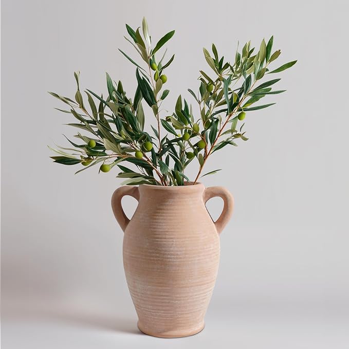 Sunddo Terracotta Vase with 2 Handles, 8 inch Rustic Ceramic Vase, Farmhouse Decor, Table Living Room Bedroom Fireplace Decor