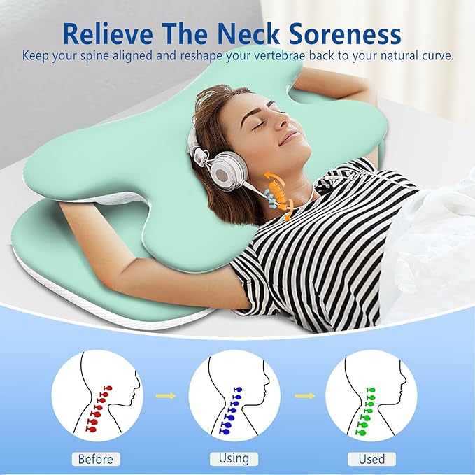 Cervical Pillow for Neck Back Pain Relief Memory Foam Contour Pillow Ergonomic Orthopedic Neck Pillow for Sleeping Cervical Support Pillow for Back Side Stomach Sleeper Cooling Pillowcase (Green)