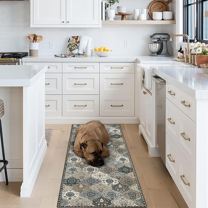 Lahome Moroccan Trellis Washable Runner Rug, 2x6 Runners for Hallways 6 Feet Non Slip Vintage Laundry Room Rug Vintage Ultra-Thin Long Carpet for Kitchen Bedroom, Grey