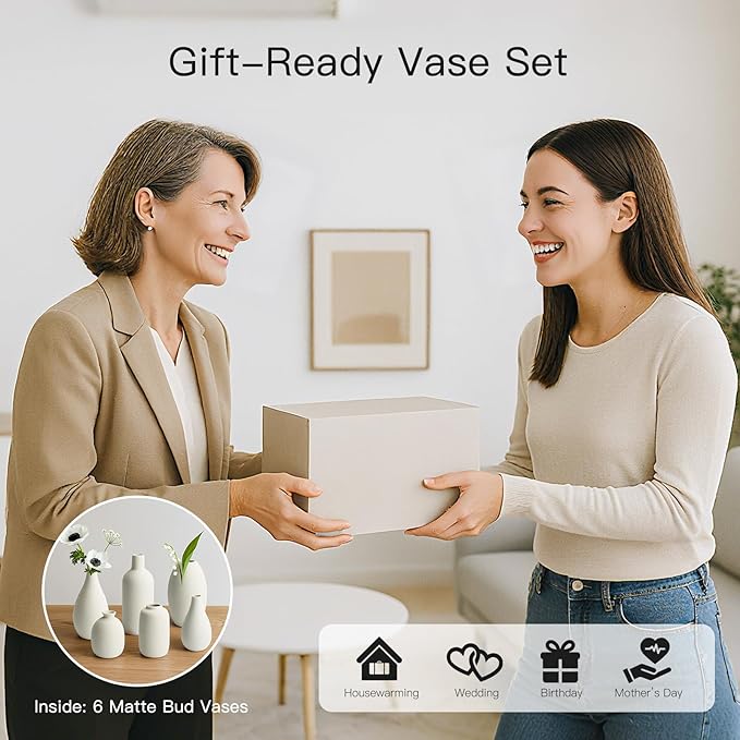 BEAHOT Ceramic Vases Set of 6, White Contemporary Decorative Flower Vases, Modern Design for Living Room