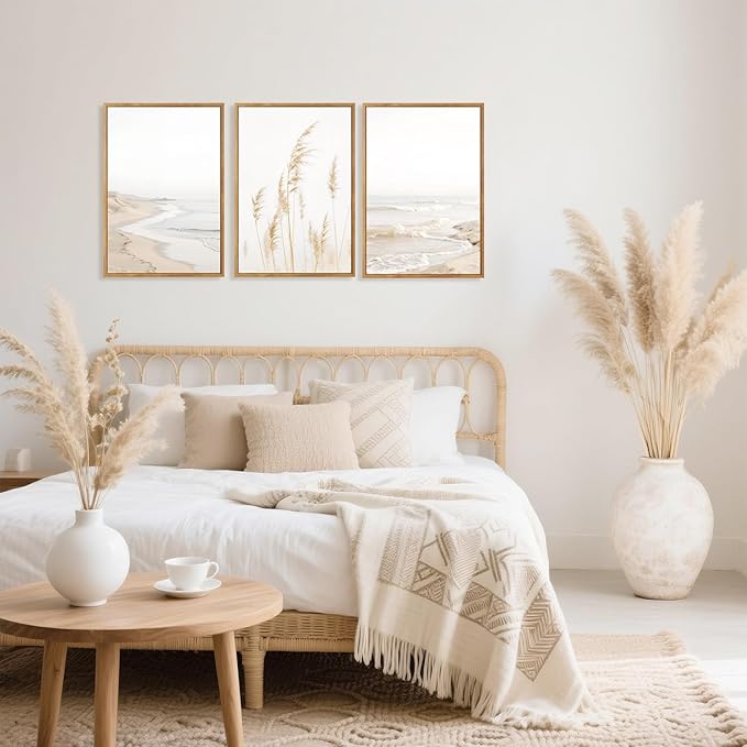 HPNIUB Modern Beach Artwork Seascape Wall Art, Seaside Framed Painting Reed Pathway Picture, Minimalist Neutral Coastal Landscape Wall Decor for Living Room,Bathroom -24'' x36'' x3