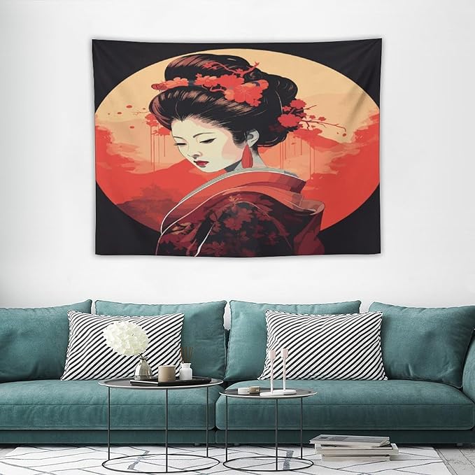 Japanese Woman Geisha Tapestry Asian Cherry Blossom Red Sun Traditional Kimono Folk Tapestries Home Decor for Living Room Bedroom Apartment Farmhouse Dorm 40"x30"