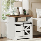 Farmhouse End Table with Charging Station, Sofa Side Table with 2 Drawers and Barn Door, Rustic Wooden Nightstand Bedside Table for Bedroom, Living Room,White and Walnut