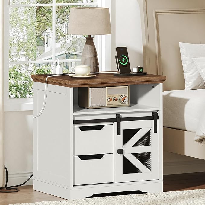 Farmhouse End Table Set of 2, Sofa Side Table with Charging Station, Bedside Table with 2 Drawers and Barn Door, Rustic Wooden Nightstand for Bedroom, Living Room, White and Walnut
