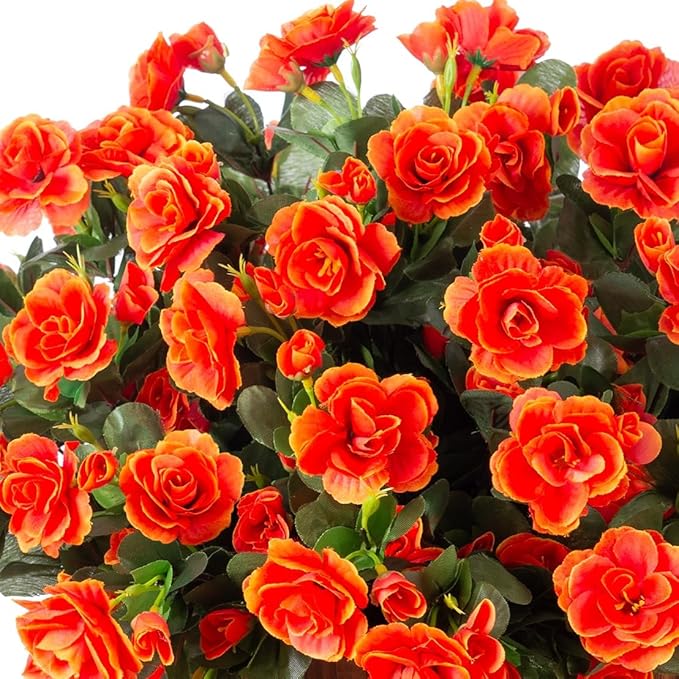 Ivydale Artificial Faux Fall Flowers Plants for Outdoor Outside, Fake Silk Orange Camellia UV Resistant Look Real for Autumn Planter Porch Patio Balcony Garden Yard Decoration, 3 Large Bundles