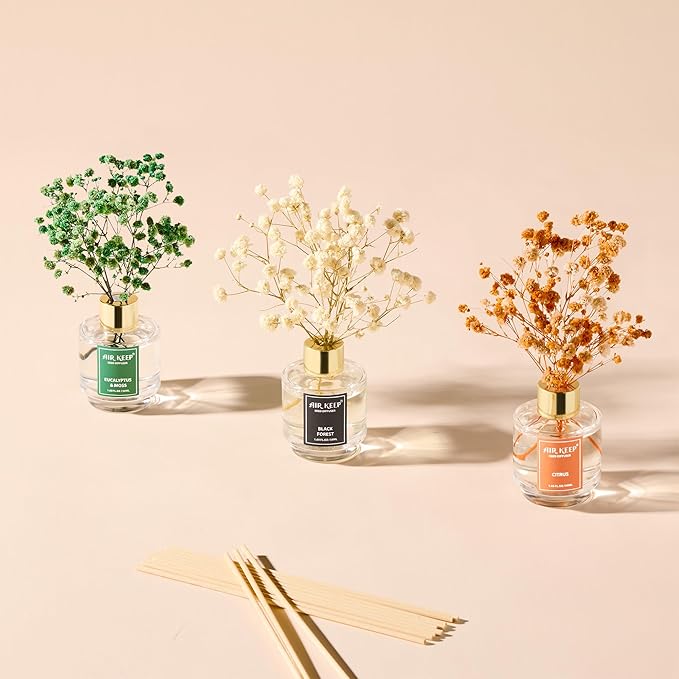 Airkeep Reed Diffuser Set of 3, Black Forest Eucalyptus Moss Citrus Oil Reed Diffusers for Bedroom Living Room Office Aromatherapy Oil Reed Diffuser for Gift 50ml x 3
