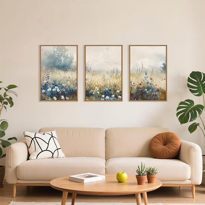 Nature Wildflower Framed Canvas Wall Art Set, Pastoral Landscape Wall Decor, Colorful Meadow Wall Painting, Rustic Floral Art Print for Living Room, Bedroom, Office - 16"X24"X3