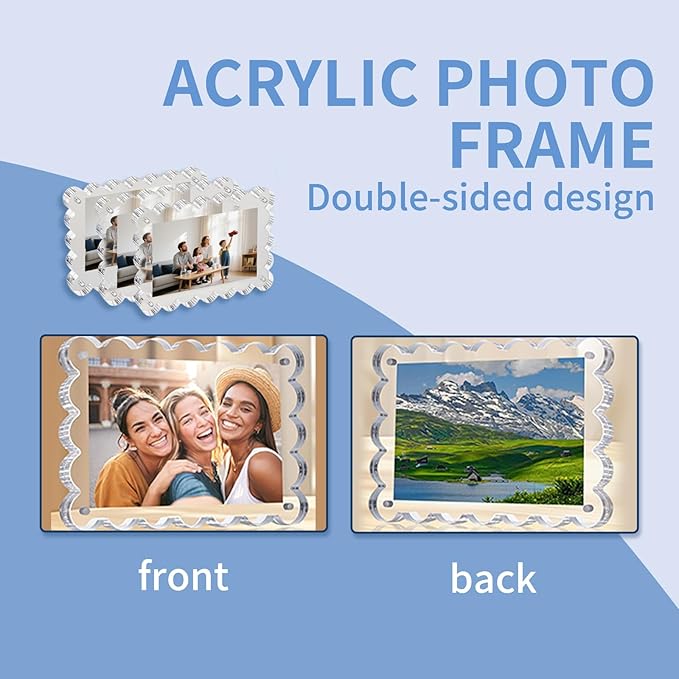 3-Pack 4x4 Acrylic Magnetic Picture Frames – Double-Sided Clear Lucite Block Frames with Scalloped Edges, UV-Protected Freestanding Desktop Photo Display