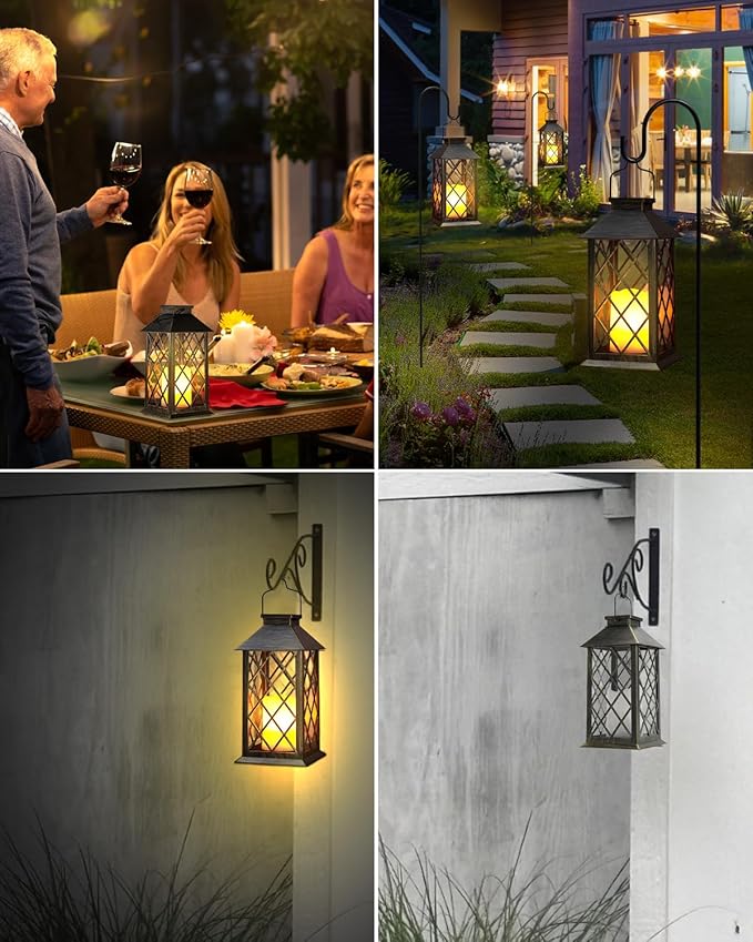 Otdair Solar Lanterns Outdoor Waterproof, 2 Pack 14" Solar Lantern with Glass Retro LED Flickering Flameless Candle,Lanterns Decorative Outdoor for Gift, Yard, Garden, Patio, Balcony,Porch, Party