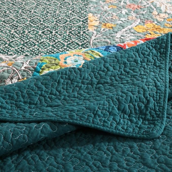 ENASAL Cotton Bedspread Quilt Sets Reversible Bedding Coverlet Sets Comforters, Patchwork Vintage Floral Turquoise Bedspread, King Size