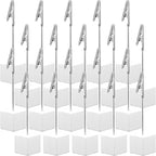 20 Pcs Cube Base Memo Clip Holder with Alligator Clip Wood Table Number Holder Cube Base Place Card Stand Mini Photo Menu Stand for Displaying Number Card(White)