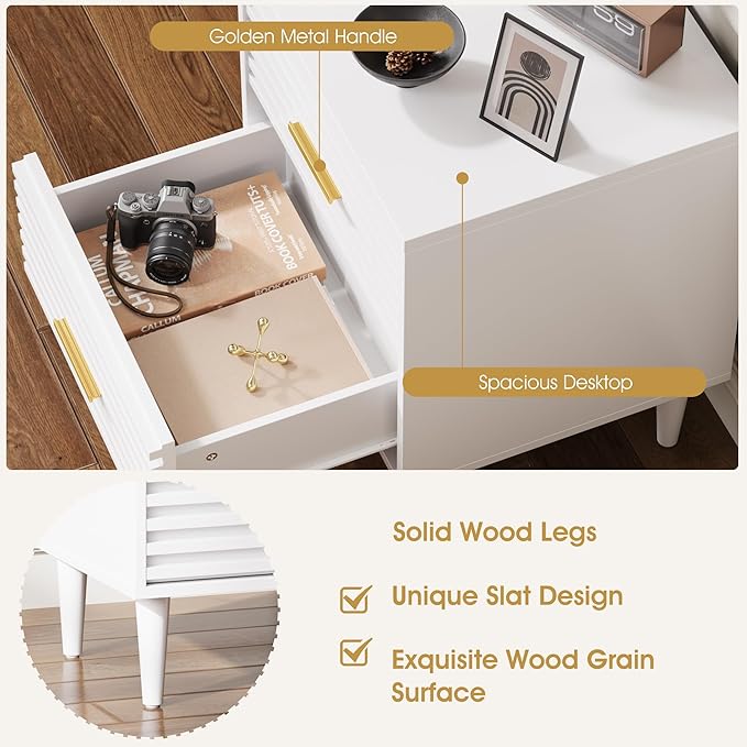 Alohappy Mid Century Modern Nightstand, Fluted Bedside Table with Storage Drawers, End Table for Bedroom, Living Room, White 1pc