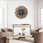 Honiway Large Wall Clock Battery Operated 21 in Rustic Wood Boho Sunburst Decorative Wall Clock Silent Non Ticking Farmhouse Wall Clocks for Living Room Bedroom Kitchen Bathroom Decor (Tricolor)