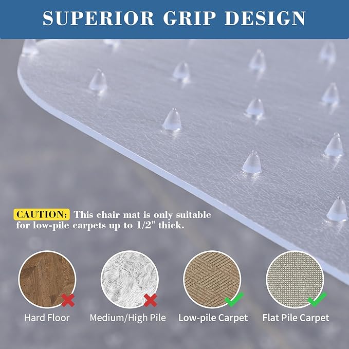 Tydle Chair Mat for Carpet, 60" x 50" Chair Mat for Carpeted Floors, Non-Slip Computer Under Desk Plastic Floor Mat for Work Gaming Chairs, Heavy Duty Carpeted Floor Protector for Home Office (Clear)