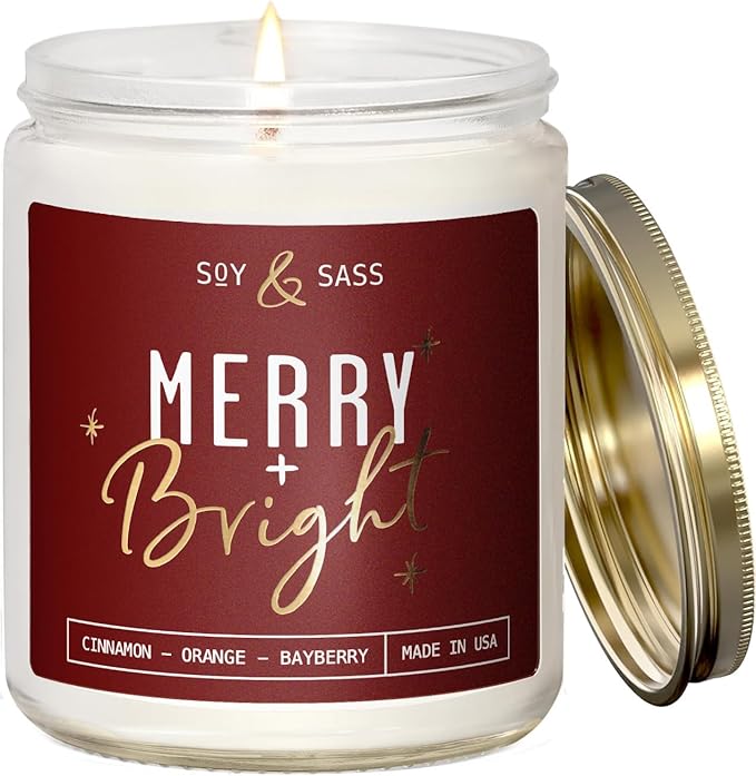 Christmas Candles Scented – ‘Merry & Bright’ Soy Christmas Candle, w/Cranberries, Cinnamon & Orange - Infused with Essential Oils I Holiday Candles I 9oz, 50Hr, Made in USA