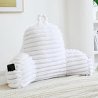 Faux Fur Fluffy White Reading Pillow with Pockets, Luxury Striped Plush Decorative, Arm Rests and Back Surport for Bed Rest, Lounging on sofa, Large