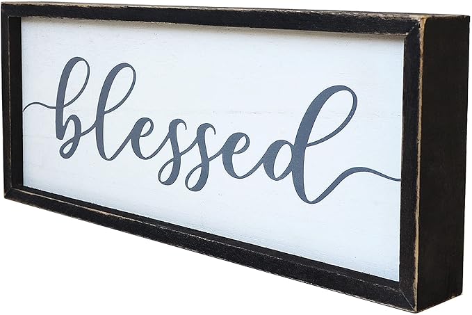 Rustic Blessed Freestanding Sign Home Decor for Living Room - Farmhouse Framed Blessed Wall Art Solid Wood Grey 12x5 Inches