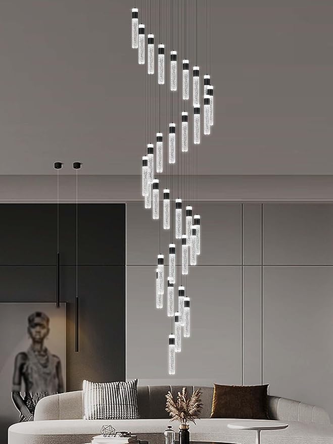 Large Crystal Chandeliers for High Ceiling H150inch Large Spiral Crystal Column Chandelier Lighting for Foyer Entrance 32-Light Black