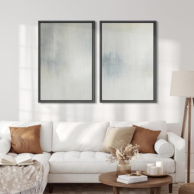 SIGNFORD Framed Canvas Print Wall Art Set Soft Gray and Blue Abstract Neutral Illustration Modern Art Decorative Nordic Nature for Living Room, Bedroom, Office - 16"x24"x2 Black