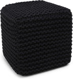 REDEARTH Cube Pouf Foot Stool Ottoman - Hand Knitted Poof - Cord Boho Pouffe - Home Décor - Stuffed Footrest for Living Room - Bedroom - Covered Patio (16" x 16" x 16") - Black