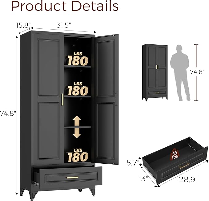 75" Kitchen Pantry Cabinet with Drawer, Metal Storage Cabinets with Doors and Adjustable Shelves, Black Tall Pantry Cabinet for Dinning Living Room, Home Office