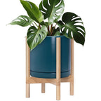 D'vine Dev Ceramic Planter with Natural Stand - 12 Inch Modern Round Flower Pot with Wood Planter Holder, Teal, 55-B-J-4