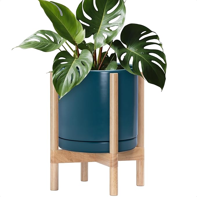 D'vine Dev Ceramic Planter with Natural Stand - 12 Inch Modern Round Flower Pot with Wood Planter Holder, Teal, 55-B-J-4
