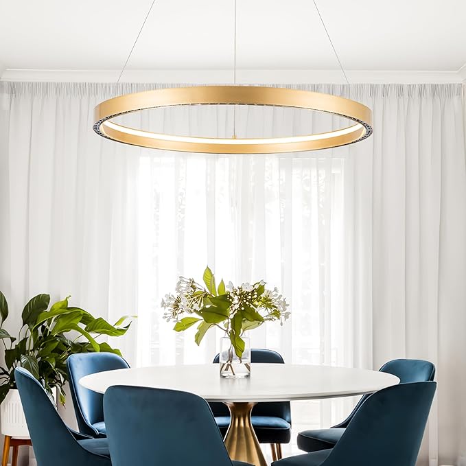 Modern Led Pendant Light Modern Led Chandelier, 1 Ring Circular Chandelier Dimmable Hanging Pendant Lighting for Living Room Dining Room Kitchen Island Foyer Office 23.6", 3000-6000K Gold