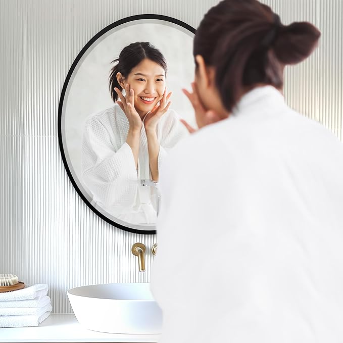 OVALCREST - Oval Wooden Beveled Wall Mirror for Home Decor, Bathroom, Vanity, Bedroom, Living Room, Hallway - London Style (Matte Black) 21.1 x 25.1