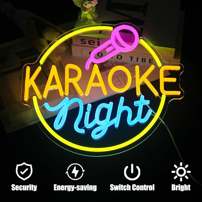 Karaoke Night Neon Sign Music Room Decor Karaoke Bar LED Sign for Wall Decor Karaoke Live On Air Neon Lights Signs Bar Open Neon Wall Light for Music Studio Game Room Decor
