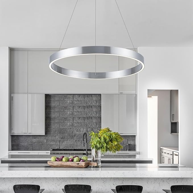 Modern Led Chandelier, 1 Ring Circular Pendant Lights, 23.62" Dining Room Modern Chandelier for Foyer Kitchen Living Room Bedroom Hallway 3000K, Silver Color