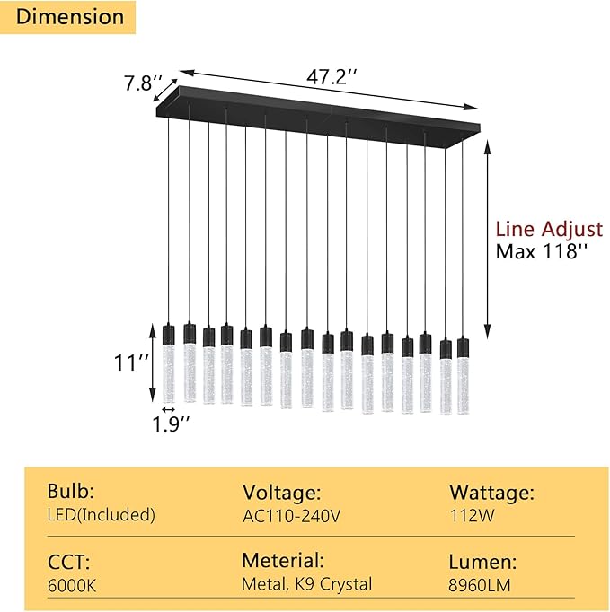 16-Lights Modern Crystal Rectangular Chandeliers LED Pendant Light for Kitchen Island High Ceiling Chandelier for Dining Room Entrance Foyer Living Room Black