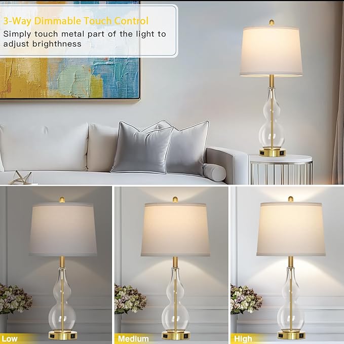 27.5" Clear Glass Table Lamp Set of 2,3-Way Dimmable Touch Control Bedside Lamps with USB Ports and AC Outlet, Modern Nightstand Lamps Gold lamp for Bedroom Living Room