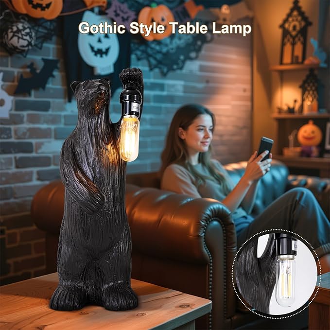 Scenekoy Bear Table Lamp for Living Room Bedroom, Memory Function, 3 Way Cycling Dimming, Resin Gothic Style Bedside Nightstand Lamps, Rustic Night Light Home Room Decor (Bulb Included)