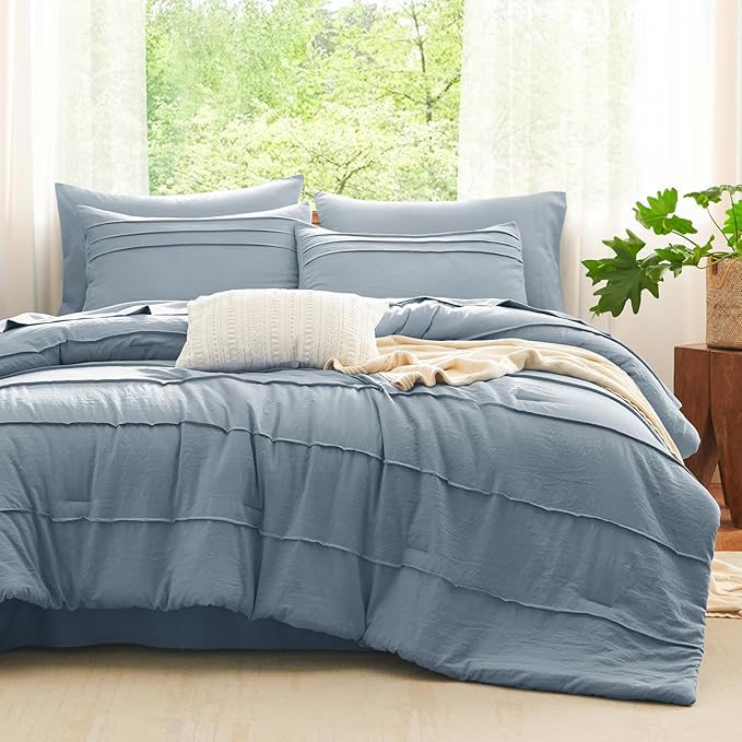 CozyLux California King Comforter Set Grayish Blue, 7 Pieces Pinch Pleat Bed in a Bag Cal King Comforter Set with Sheets, Bed Set with Down Alternative Comforter, Sheets, Pillowcases & Shams