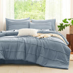 CozyLux Queen Comforter Set Grayish Blue, 7 Pieces Soft Pinch Pleat Bed in a Bag Queen Comforter Set with Sheets, Boho Bed Set with Down Alternative Comforter, Sheets, Pillowcases & Shams