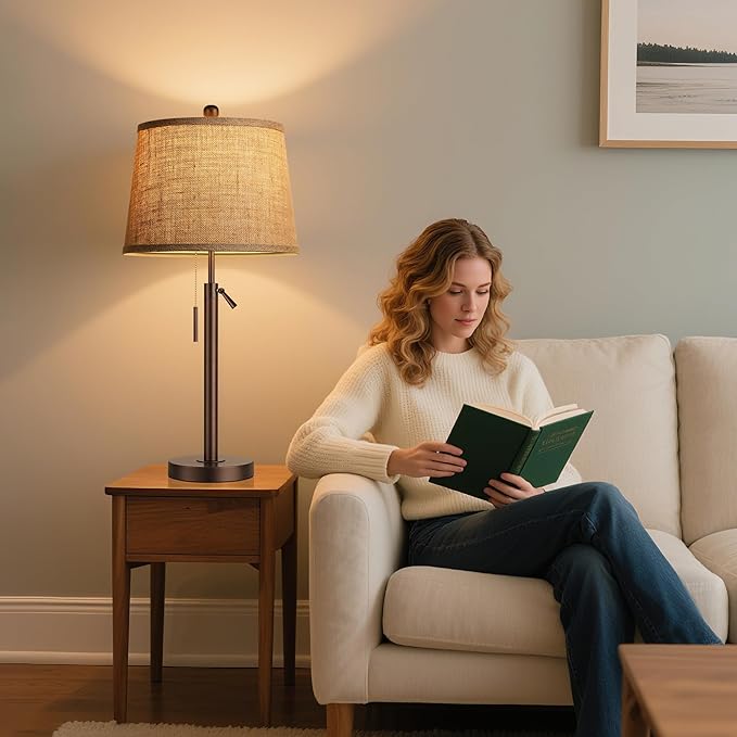 PARTPHONER Bedside Lamps Set of 2, Modern Table Lamps for Living Room, Height Adjustable Nightstand Lamps for Bedroom Office, End Table Lamps with Pull Chain(LED Bulbs Included), Oil Rubbed Bronze